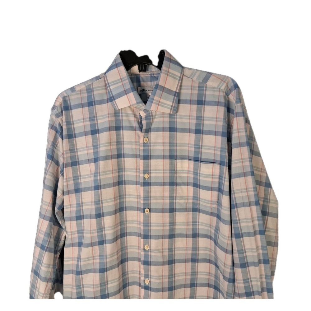 Peter Millar Men's Large Long Sleeve Plaid Stretch Shirt Blue White - Picture 3 of 14